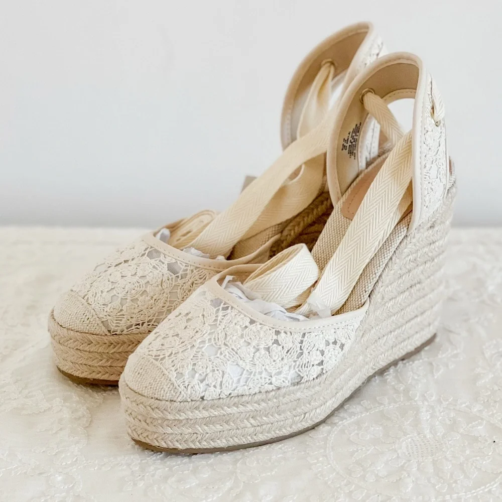 H&M Wedge Espadrille Sandals Ivory Lace Heels Size 11